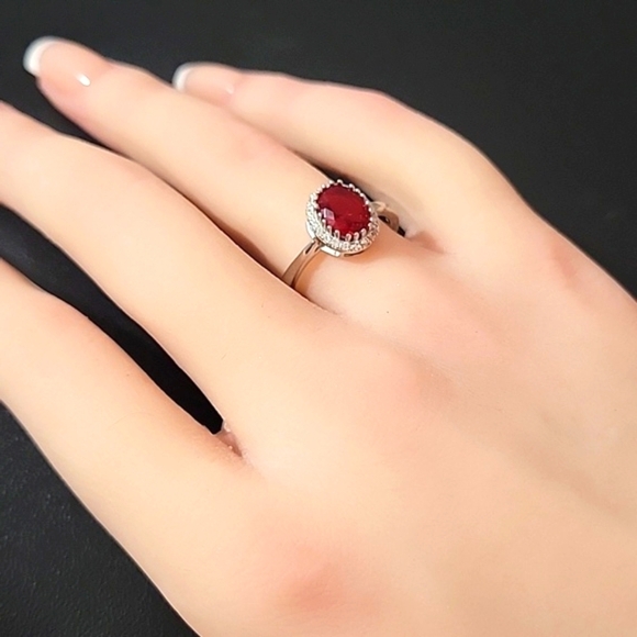 Sterling Silver Halo Simulated Ruby Ring - Picture 1 of 3